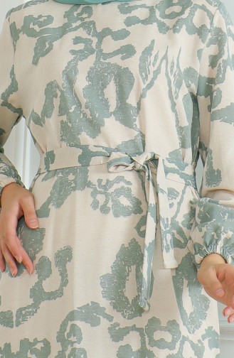Gemustertes Leinenkleid Mit Gürtel 0471D-01 Beigegrün 0471D-01
