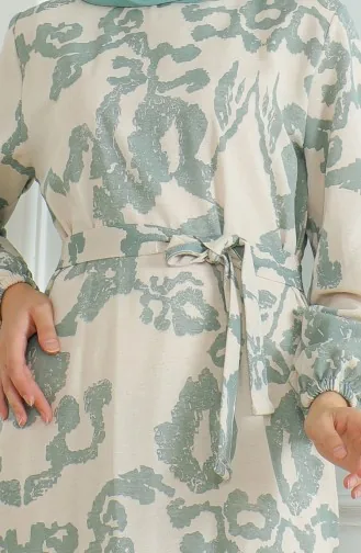 فستان كتان منقوش 0471D-01 بيج أخضر مينت 0471D-01