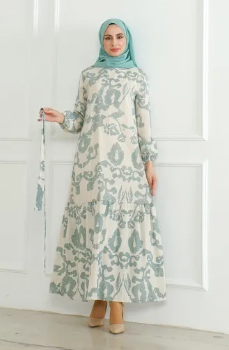 فستان كتان منقوش 0471D-01 بيج أخضر مينت 0471D-01