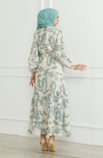 Gemustertes Leinenkleid Mit Gürtel 0471D-01 Beigegrün 0471D-01