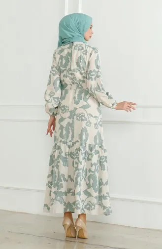 فستان كتان منقوش 0471D-01 بيج أخضر مينت 0471D-01