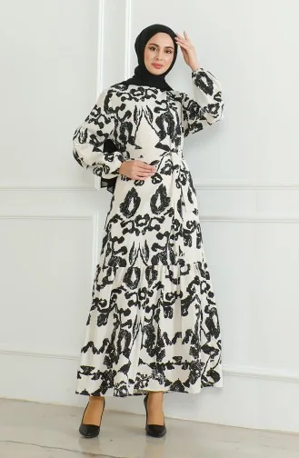 فستان كتان منقوش 0471D-02بيج أسود 0471D-02