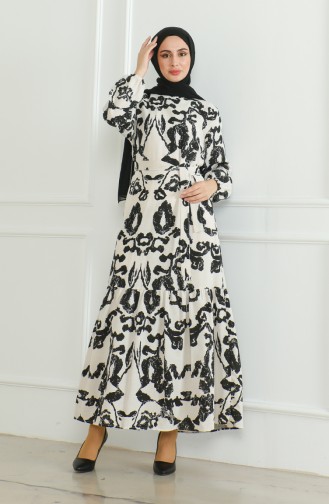Gemustertes Leinenkleid Mit Gürtel 0471D-02 Beige Schwarz 0471D-02