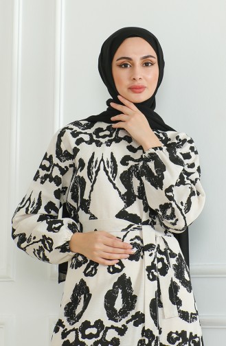 Gemustertes Leinenkleid Mit Gürtel 0471D-02 Beige Schwarz 0471D-02