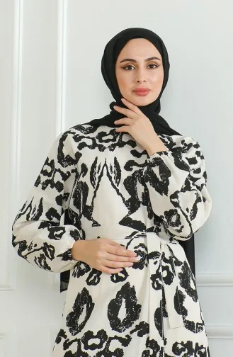 فستان كتان منقوش 0471D-02بيج أسود 0471D-02