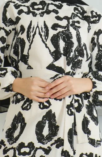 فستان كتان منقوش 0471D-02بيج أسود 0471D-02