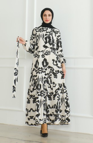 Gemustertes Leinenkleid Mit Gürtel 0471D-02 Beige Schwarz 0471D-02