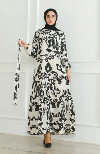 فستان كتان منقوش 0471D-02بيج أسود 0471D-02