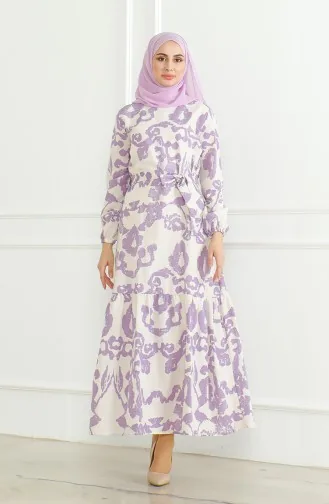 Gemustertes Leinenkleid Mit Gürtel 0471D-03 Beige Lila 0471D-03