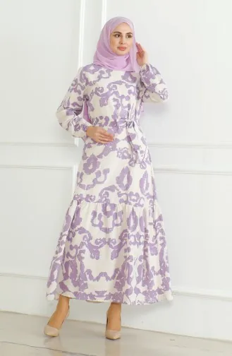 Gemustertes Leinenkleid Mit Gürtel 0471D-03 Beige Lila 0471D-03