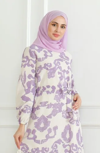 Gemustertes Leinenkleid Mit Gürtel 0471D-03 Beige Lila 0471D-03