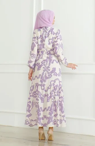 Gemustertes Leinenkleid Mit Gürtel 0471D-03 Beige Lila 0471D-03