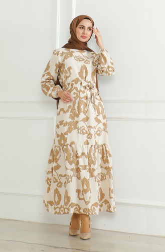 Gemustertes Leinenkleid Mit Gürtel 0471D-04 Beige Milchkaffee 0471D-04