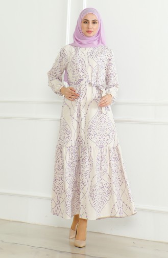 Gemustertes Leinenkleid Mit Gürtel 0471E-01 Beige Lila 0471E-01