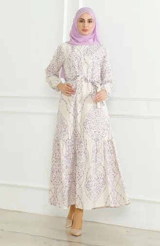 فستان كتان منقوش 0471E-01 بيج بنفسجي فاتح 0471E-01