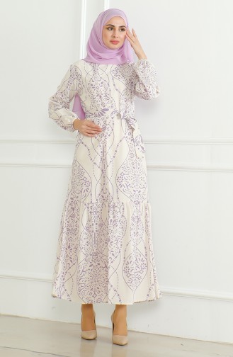 Gemustertes Leinenkleid Mit Gürtel 0471E-01 Beige Lila 0471E-01