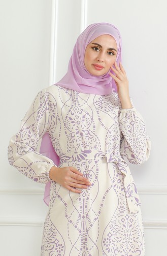 Gemustertes Leinenkleid Mit Gürtel 0471E-01 Beige Lila 0471E-01