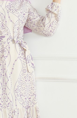 Gemustertes Leinenkleid Mit Gürtel 0471E-01 Beige Lila 0471E-01