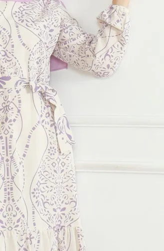 فستان كتان منقوش 0471E-01 بيج بنفسجي فاتح 0471E-01