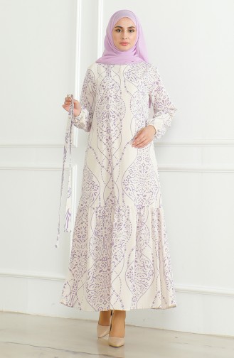 Gemustertes Leinenkleid Mit Gürtel 0471E-01 Beige Lila 0471E-01