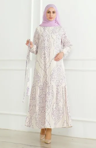 فستان كتان منقوش 0471E-01 بيج بنفسجي فاتح 0471E-01
