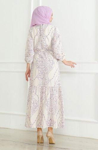 Gemustertes Leinenkleid Mit Gürtel 0471E-01 Beige Lila 0471E-01