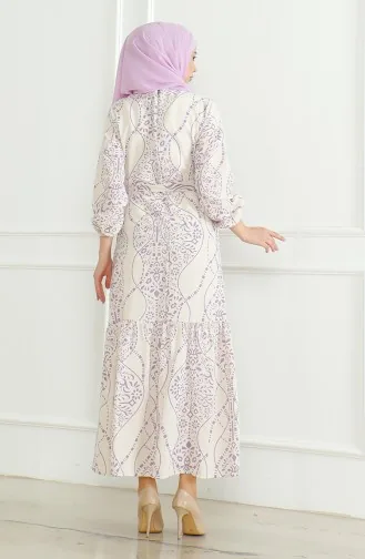 فستان كتان منقوش 0471E-01 بيج بنفسجي فاتح 0471E-01