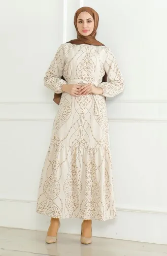 Patterned Belted Linen Dress 0471e-02 Beige Milk Coffee 0471E-02