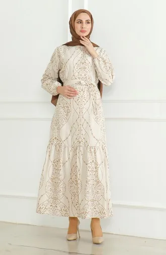 Patterned Belted Linen Dress 0471e-02 Beige Milk Coffee 0471E-02