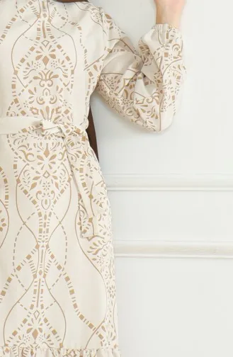 Patterned Belted Linen Dress 0471e-02 Beige Milk Coffee 0471E-02