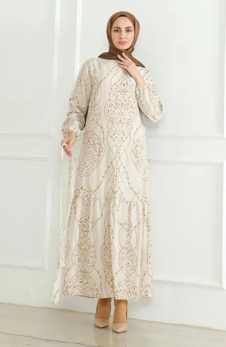 Patterned Belted Linen Dress 0471e-02 Beige Milk Coffee 0471E-02