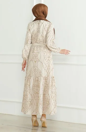 Patterned Belted Linen Dress 0471e-02 Beige Milk Coffee 0471E-02