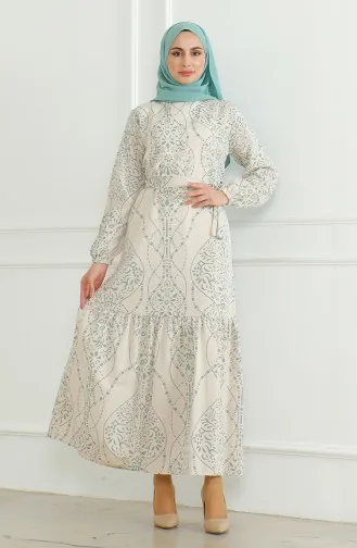 Patterned Belted Linen Dress 0471E-03 Beige Almond Green 0471E-03