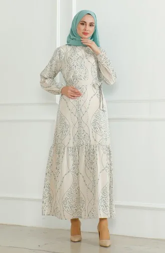 Patterned Belted Linen Dress 0471E-03 Beige Almond Green 0471E-03