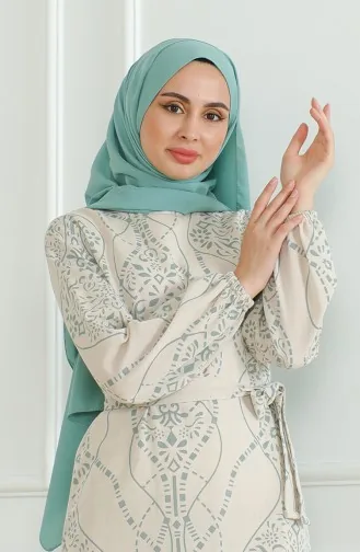 Patterned Belted Linen Dress 0471E-03 Beige Almond Green 0471E-03