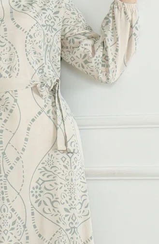Patterned Belted Linen Dress 0471E-03 Beige Almond Green 0471E-03