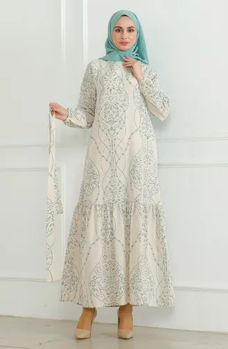Patterned Belted Linen Dress 0471E-03 Beige Almond Green 0471E-03