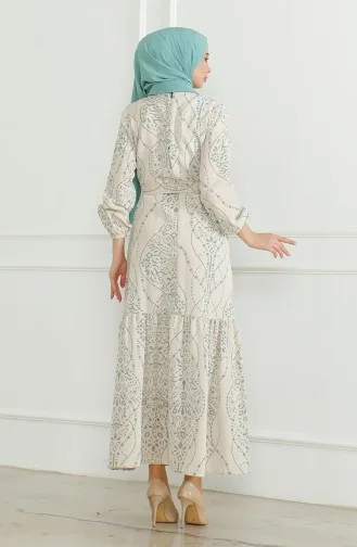 Patterned Belted Linen Dress 0471E-03 Beige Almond Green 0471E-03