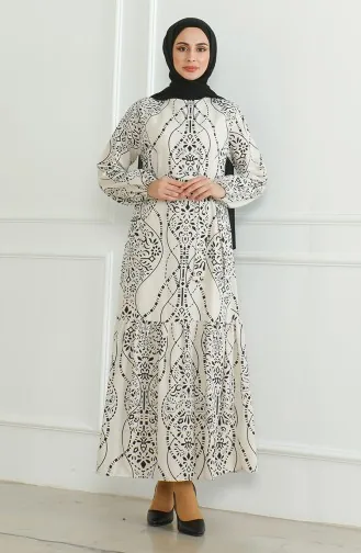 Linnen Jurk Met Patroon En Riem 0471E-04 Beige Zwart 0471E-04