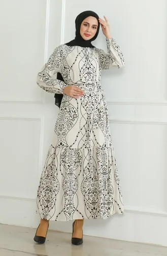 Linnen Jurk Met Patroon En Riem 0471E-04 Beige Zwart 0471E-04