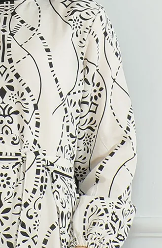 Linnen Jurk Met Patroon En Riem 0471E-04 Beige Zwart 0471E-04