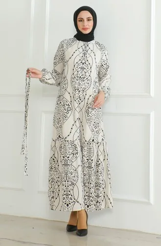 Linnen Jurk Met Patroon En Riem 0471E-04 Beige Zwart 0471E-04