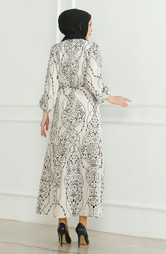 Linnen Jurk Met Patroon En Riem 0471E-04 Beige Zwart 0471E-04