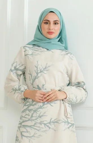 Linnen Jurk Met Riem En Patroon 0471F-01 Beige Groen 0471F-01