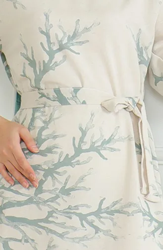 Linnen Jurk Met Riem En Patroon 0471F-01 Beige Groen 0471F-01