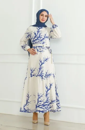 Robe Lin A Motifs Et Ceinture 0471F-02 Beige Saks 0471F-02