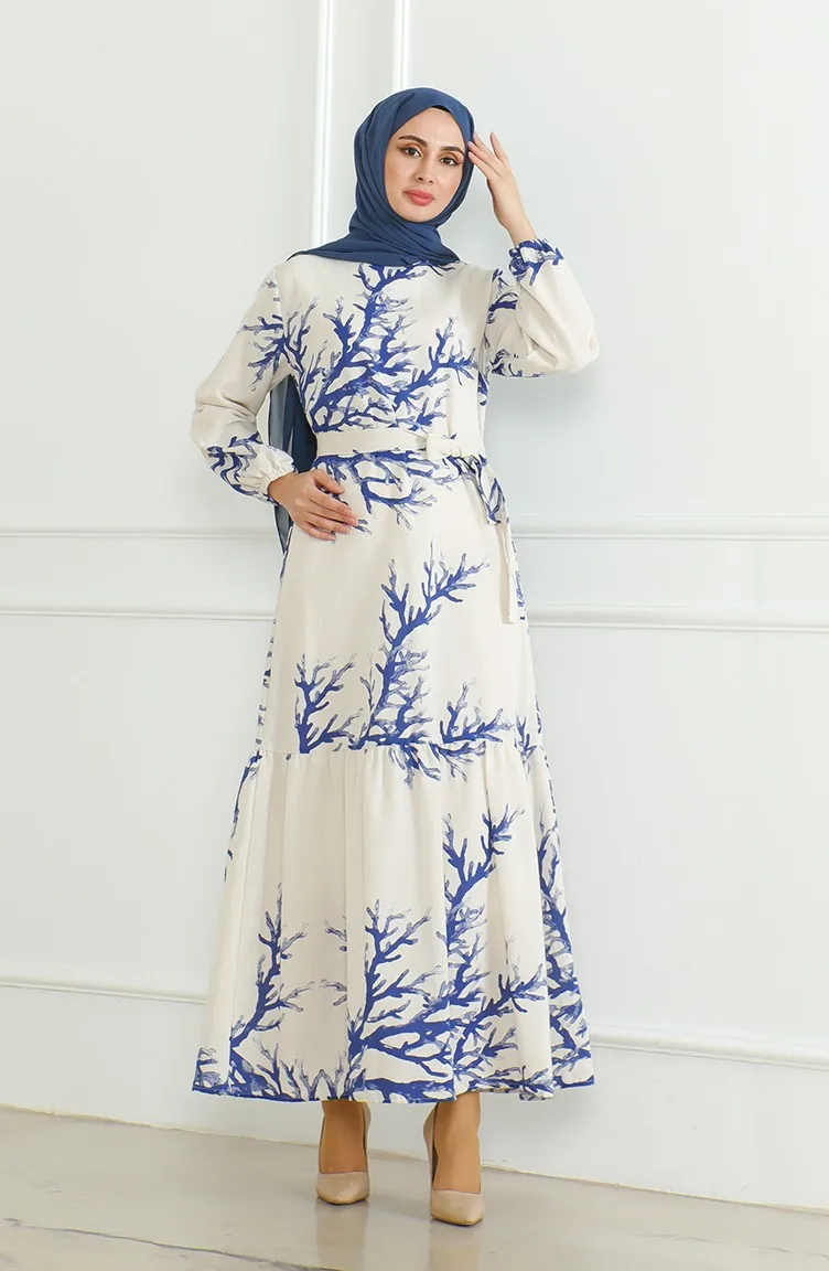 Robe Lin A Motifs Et Ceinture 0471F-02 Beige Saks 0471F-02