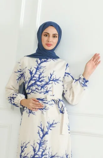 Robe Lin A Motifs Et Ceinture 0471F-02 Beige Saks 0471F-02