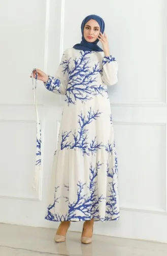 Robe Lin A Motifs Et Ceinture 0471F-02 Beige Saks 0471F-02