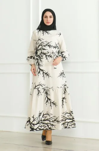 Patterned Belted Linen Dress 0471F-03 Beige Black 0471F-03